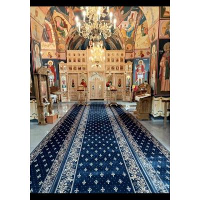 Traversa Model Bisericesc Festonata Lotos 15033, Latime 150 cm, Albastru, 1800 gr/mp, 150x800cm