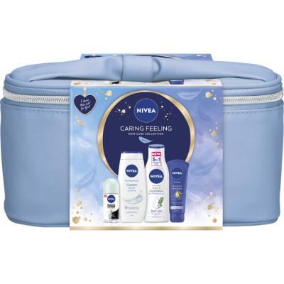 Nivea Caseta Cadou Geanta Caring Feeling, Lapte corp 250 ml + Gel dus Creme Soft 250 ml + Deodorant roll-on Black &amp; White Fresh 50 ml + Crema maini 100 ml