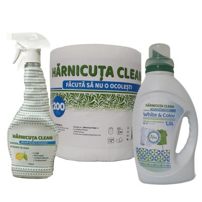 Pachet Curatenie Harnicuta Detergent Lichid White &amp; Color 1.5L+Solutie Geamuri 750ml+ Prosop Monorola 2 Straturi 200 Foi
