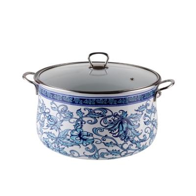 Goldmann Oala Emailata cu capac sticla 22x14cm 5L,Alb-Albastru GM-8017-22W