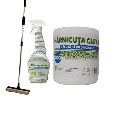 Pachet Curatenie Harnicuta Prosop Monorola 2 Straturi 200 Foi+ Detergent Geam 750ml+Racleta Telescopica Coada Aluminiu 95cm