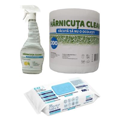 Pachet Curatenie Harnicuta Prosop Monorola 2 Straturi 200 Foi+ Detergent Geam 750ml+OXY Servetele Umede Multisuprafete 100buc/set Easy Clean Otet Alb/Bicarbonat/Sapun Alb