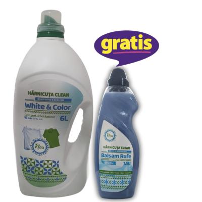 Pachet Curatenie Harnicuta Detergent Lichid Gel Concentrat 6L White &amp; Color 120 spalari + CADOU Harnicuta Balsam Rufe Concentrat 1.5L Spring Blue