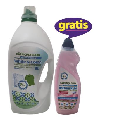 Pachet Curatenie Harnicuta Detergent Lichid Gel Concentrat 6L White &amp; Color 120 spalari + CADOU Harnicuta Balsam Rufe Concentrat 1.5L Pink Blossom