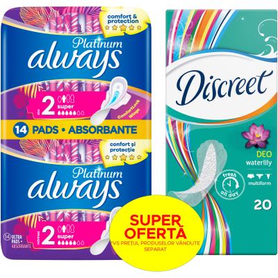 Always Absorbante Platinum Super 14Buc/Set + Absorbante zilnice Discreet Waterlily 20 buc/set