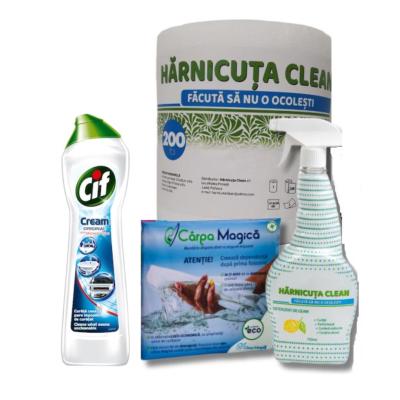 Pachet curatenie Harnicuta Geam 750ml+ Prosop Monorola 200Foi+Cif Crema Curatat 500ml+Carpa Magica