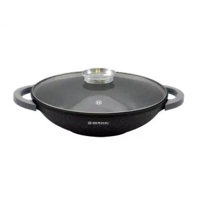 HERZOG Tigaie Wok Antiaderent Marmorat, cu capac sticla si picurator condimente, manere soft 32cm 4.3L HR-5229