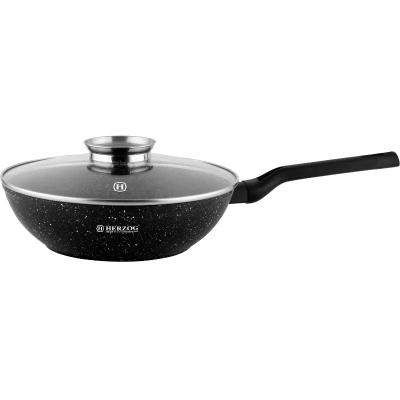 HERZOG Tigaie Wok Antiaderent Marmorat, cu capac sticla si picurator condimente 32cm 5.8L HR-2618